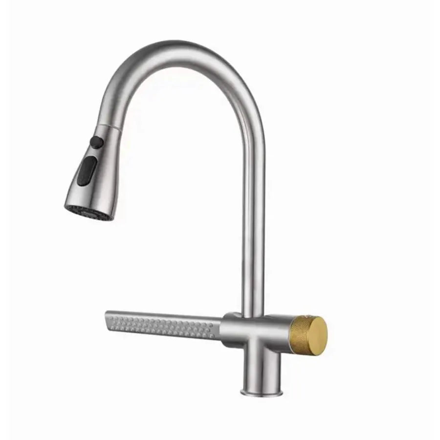 Kitchen Faucet with Pull-out Shower, Stainless Steel, Silver, Waterfall Function YB1500S