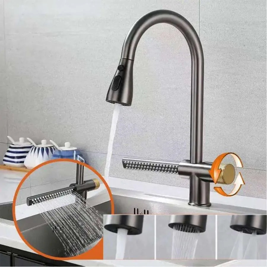 Kitchen Faucet with Pull-out Shower, Stainless Steel, Silver, Waterfall Function YB1500S