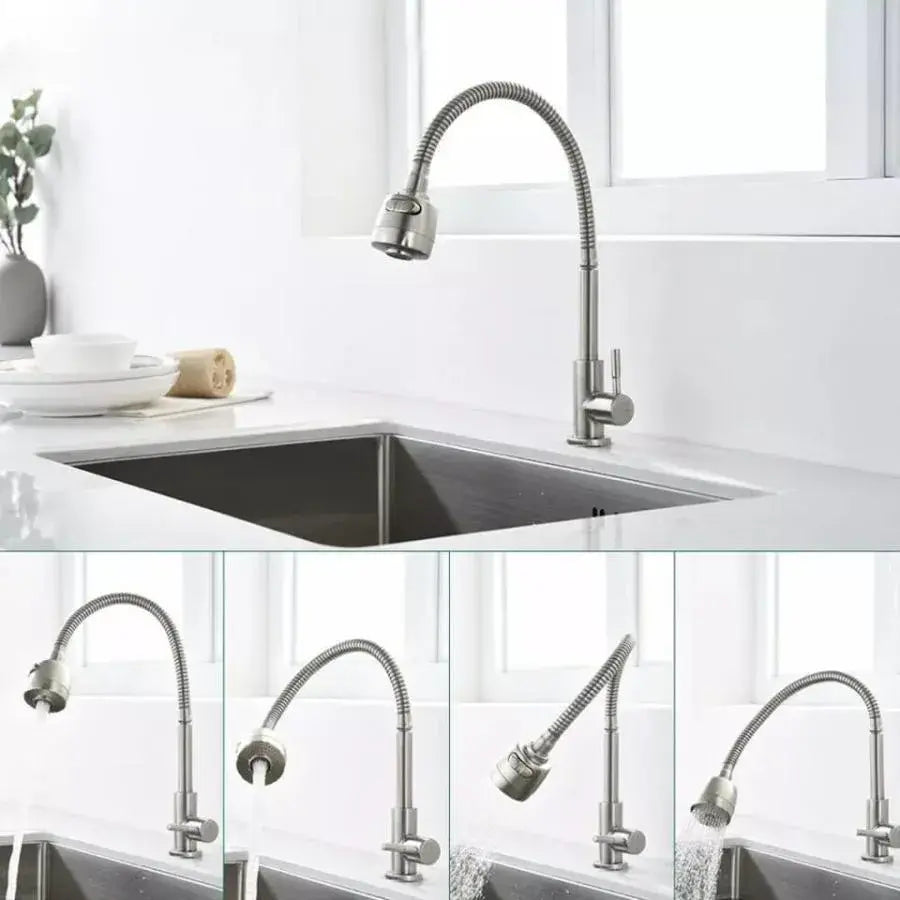 Kitchen Faucet Flexible Spout 2 Jets Ceramic Cartridge Satin Stainless Steel Connections Included CF031