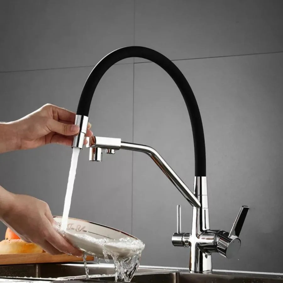 3-Way Kitchen Faucet Flexible Pipe Sanitary Brass Silver Black