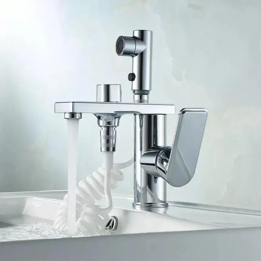 Multifunctional basin mixer with pull-out shower, glossy chrome finish, modern design