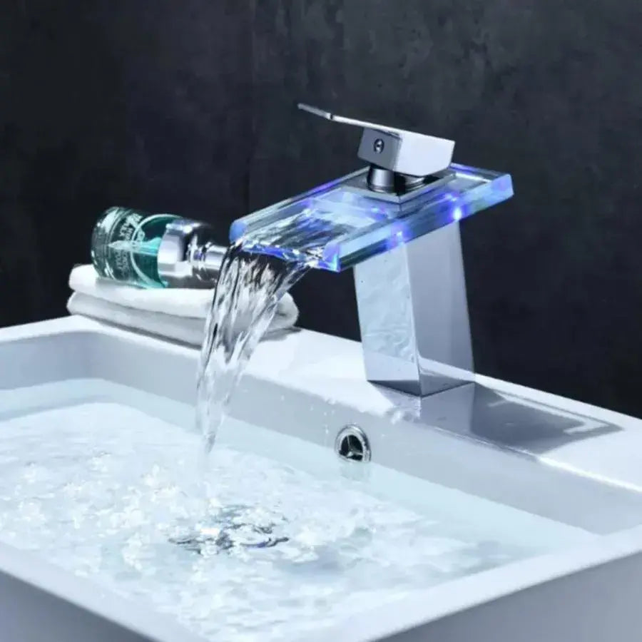 Basin Mixer, Alloy and Glass, Chrome, RGB Light, Color Change Depending on Water Temperature, OD3013