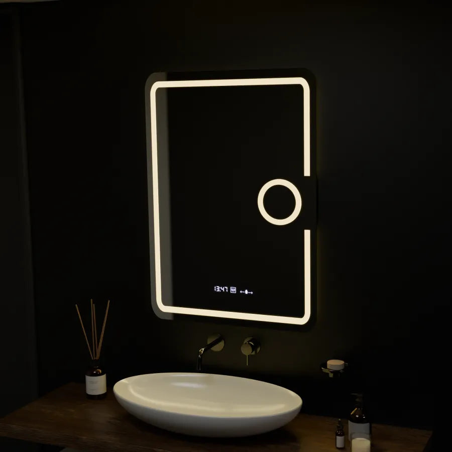 Rectangular LED mirror, 50x70cm, Eclat MotionGlow Marcello, Demister System, Clock & Thermometer, Cosmetic Magnifier, Dimmable