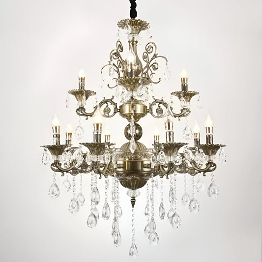 SANSSOUCI Royal Chandelier 12xE14 Metal and Crystal Adjustable Height Antique Brass