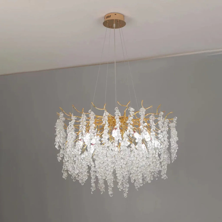 WALTZ Cascade Crystal Chandelier, 9x G9, Gold, 60cm, Adjustable Height