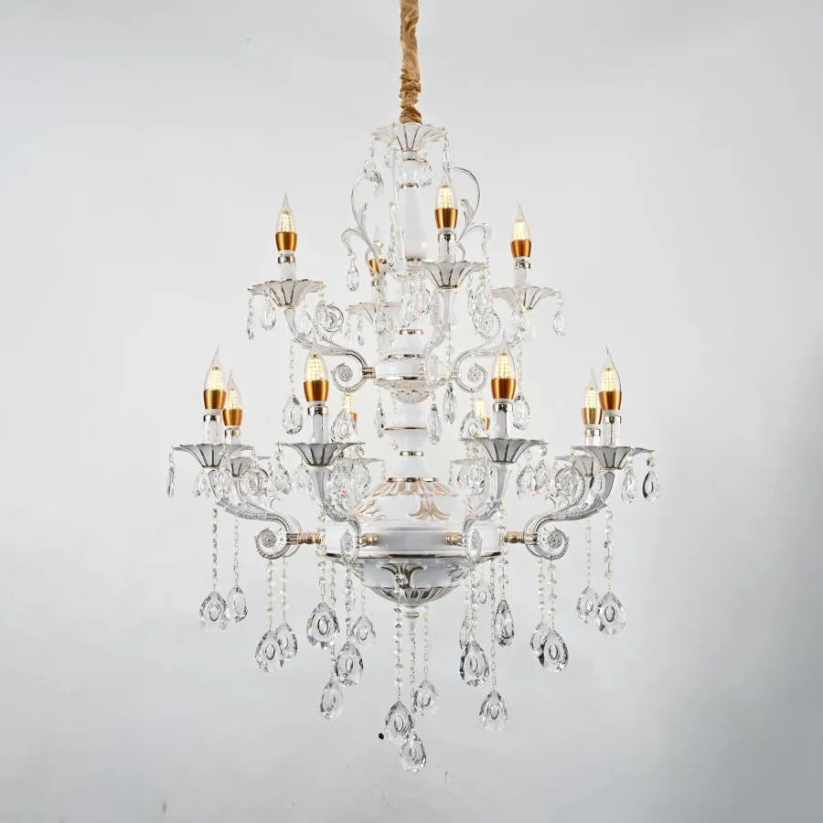 Bruhier Crystal Chandelier 12x E14, Diameter 75cm, White with Gold, Adjustable Height