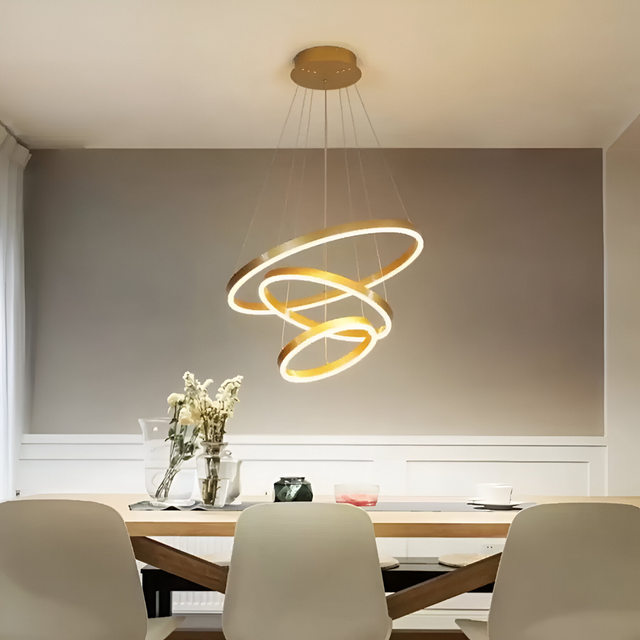 Suspended LED chandelier with remote control ELIZABETH, 84W, 3 Circles, Cold/Warm/Neutral light, Dimmable, Shiny Gold, Adjustable Height