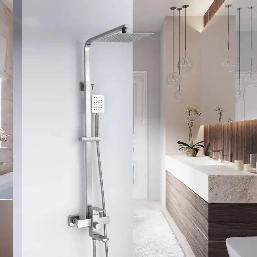 Shower column, Stainless steel, square shower head, rain effect, 3 functions, wall mounting, Satin finish, Accessories included, LY005