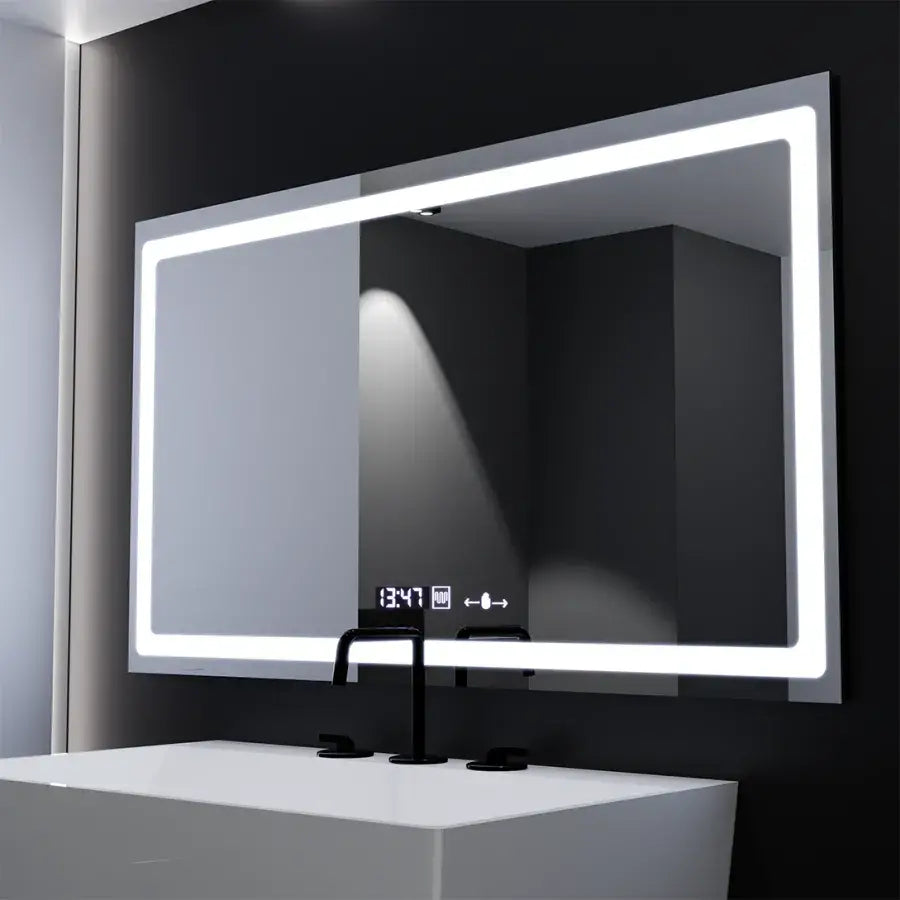 Rectangular LED mirror, 120X70cm, Radiant MotionGlow Marcello sensor, De-fogging system, Clock & Thermometer, Dimmable