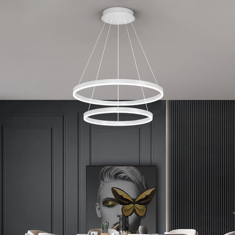 Suspended LED chandelier with remote control CASIANA 42W, 2 Circles, Cold/Warm/Neutral light, Dimmable, White, Height Adjustable