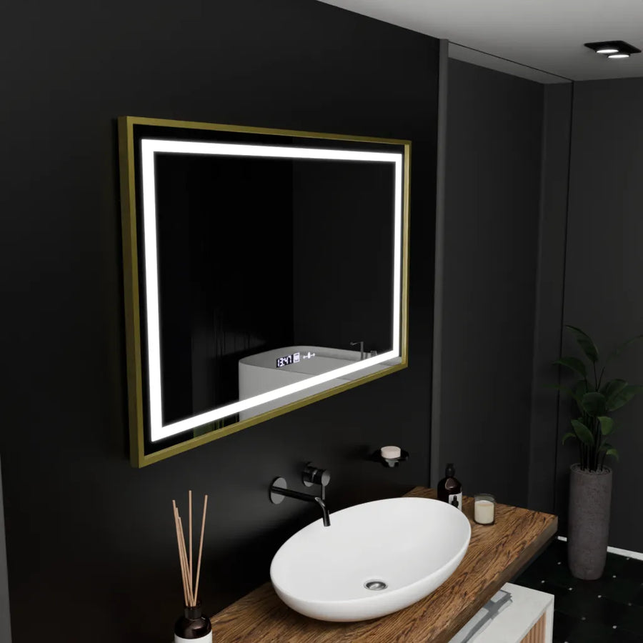Rectangular LED Mirror, 100x80cm, Verite Royale Gold Motion Glow Marcello, Demister System, Clock & Thermometer, Dimmable