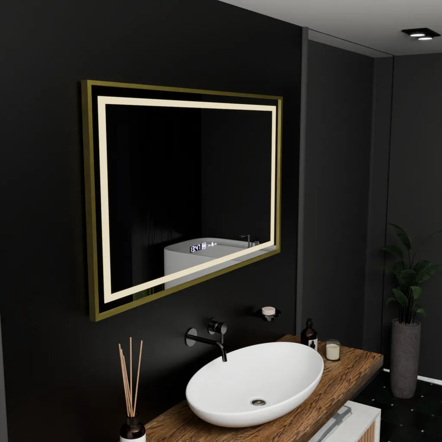 Rectangular LED Mirror, 100x80cm, Verite Royale Gold Motion Glow Marcello, Demister System, Clock & Thermometer, Dimmable