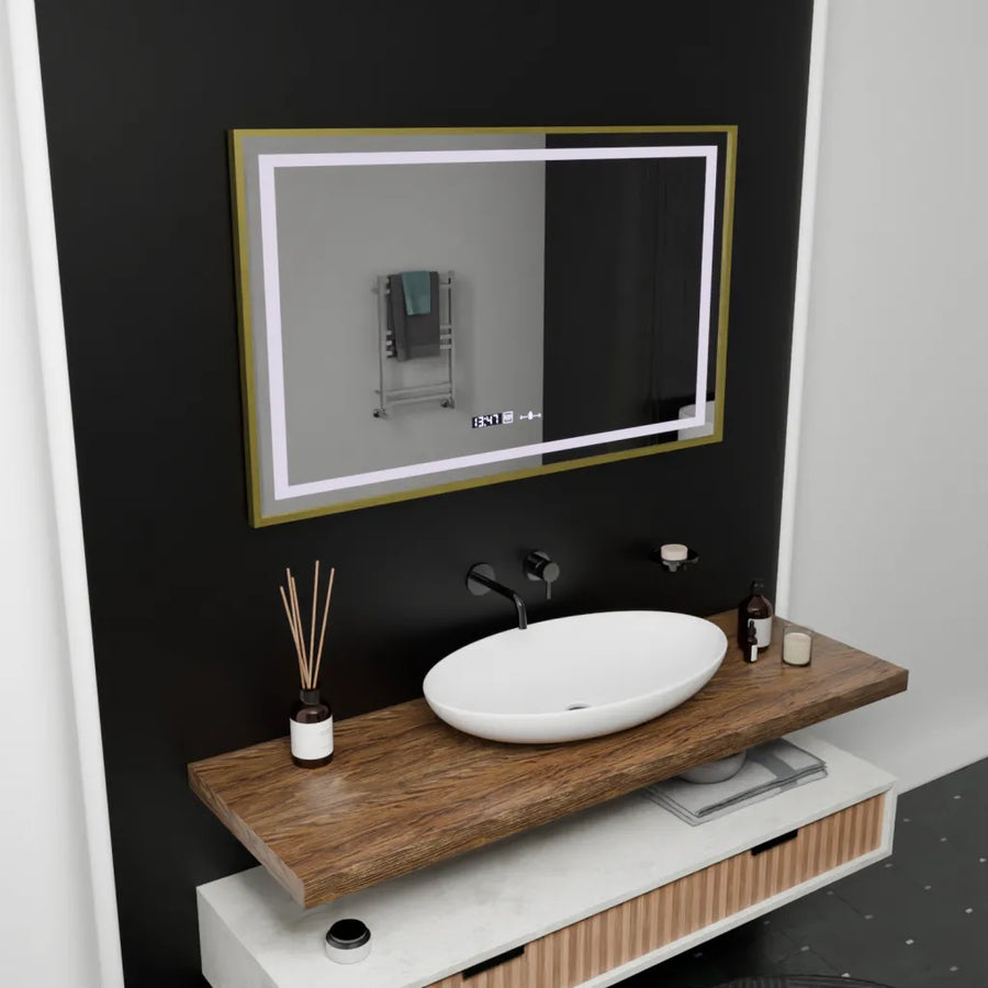 Rectangular LED Mirror, 100x80cm, Verite Royale Gold Motion Glow Marcello, Demister System, Clock & Thermometer, Dimmable