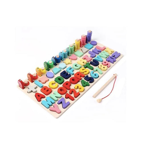 Multifunctional Montessori Educational Board Game with Alphabet, Letters, Geometric Shapes and Fishes, Wood