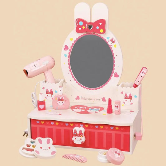 Bunny Makeup and Beauty Table Toy, 16 Pieces, Pink, Wood
