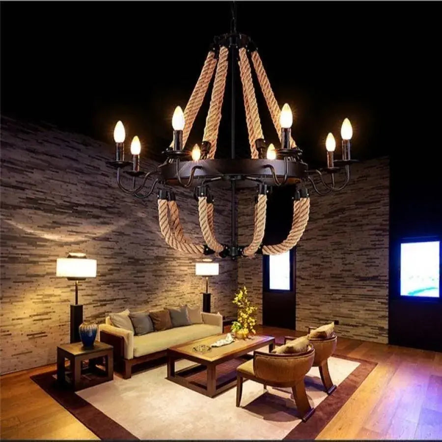 Circular Chandelier, 8*E14, Black, Metal and Rope