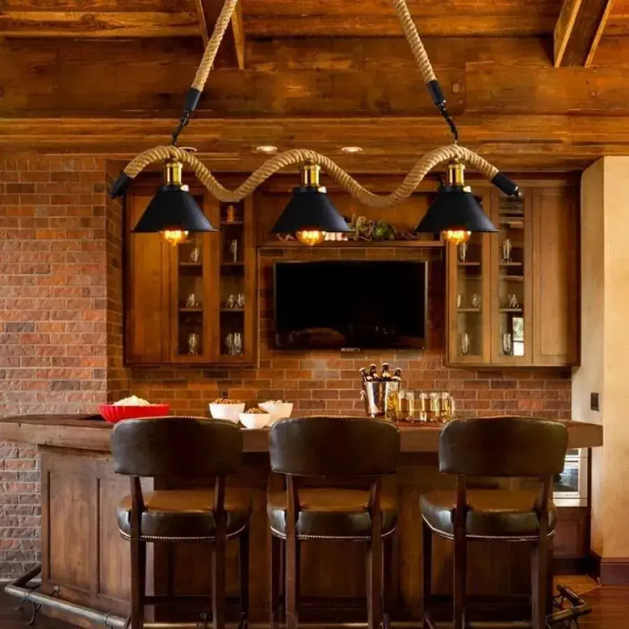 Rope Chandelier, 3*E27, Brown, Metal and Rope