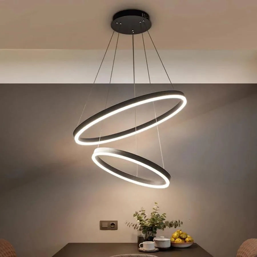 Suspended LED chandelier with remote control CASIANA 41W, 2 Circles, Cold/Warm/Neutral light, Dimmable, Black, Height Adjustable