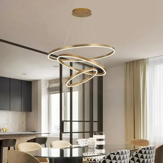 Suspended LED chandelier with remote control AZARIAH 130W, 3 Circles, Cold/Warm/Neutral light, Dimmable, Shiny Gold, Adjustable Height