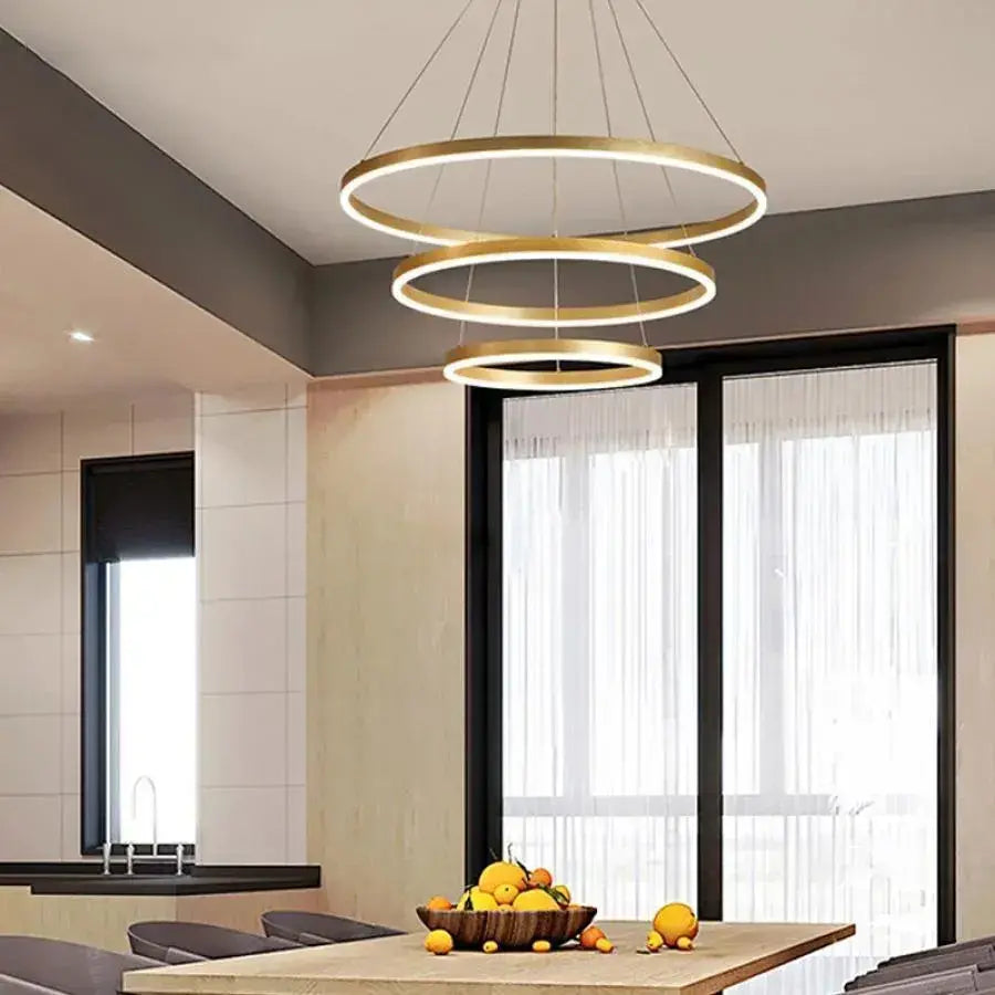 Suspended LED chandelier with remote control AZARIAH 130W, 3 Circles, Cold/Warm/Neutral light, Dimmable, Shiny Gold, Adjustable Height