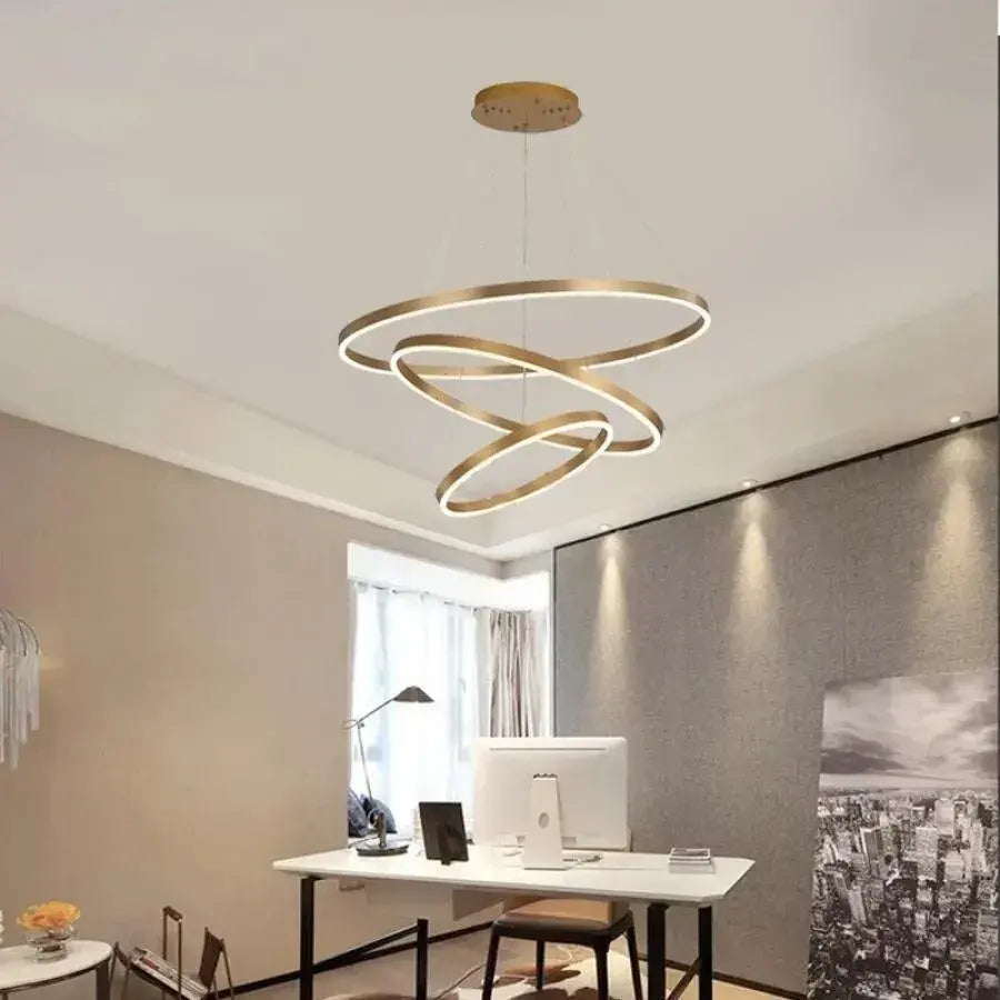 Suspended LED chandelier with remote control AZARIAH 130W, 3 Circles, Cold/Warm/Neutral light, Dimmable, Shiny Gold, Adjustable Height