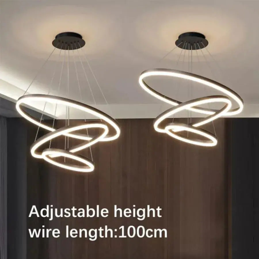 Suspended LED chandelier with remote control CASIANA 84W, 3 Circles, Cold/Warm/Neutral light, Dimmable, Black, Height Adjustable