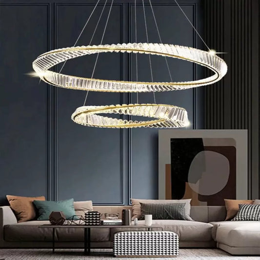 Suspended LED chandelier with remote control and crystal CAIRO 98W, 2 Circles, Cold/Warm/Neutral light, Dimmable, Shiny Gold, Adjustable Height