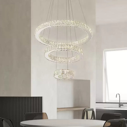 Suspended LED chandelier with remote control and crystal CANAAN 120W, 3 Circles, Cold/Warm/Neutral light, Dimmable, Shiny Chrome, Adjustable Height