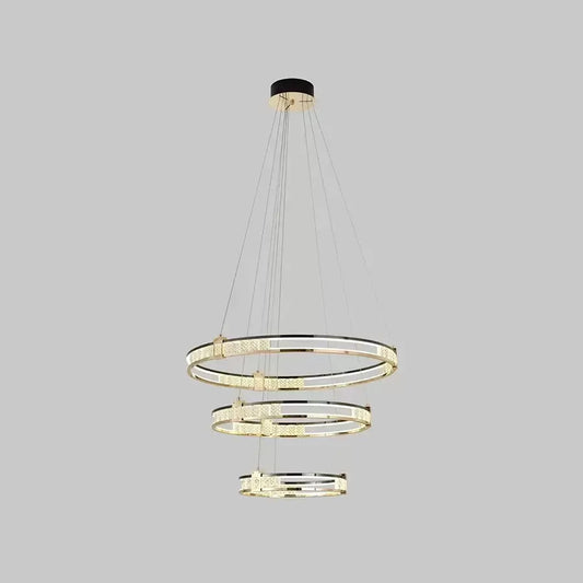 Suspended LED chandelier with remote control and crystal ROGER 150W, 3 Circles, Cold/Warm/Neutral light, Dimmable, Shiny Gold, Adjustable Height
