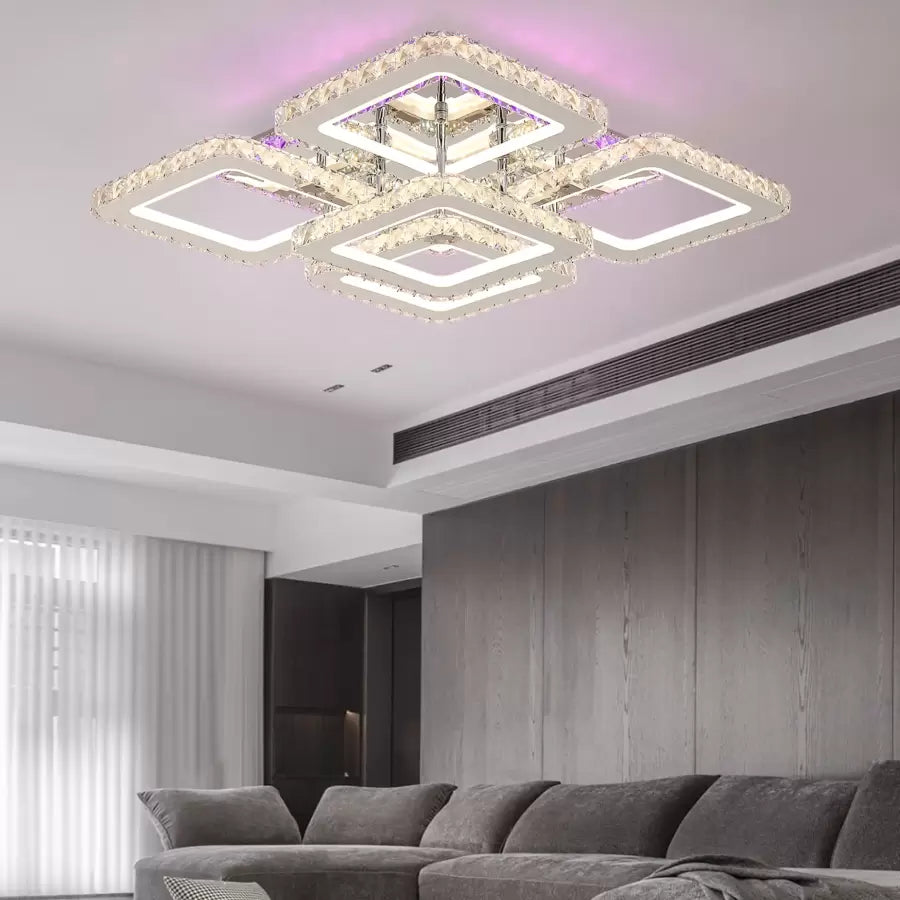LED chandelier with crystal remote control QUADRIA SUPREMO RGB, 148W, 5 Squares, Cold/Warm/Neutral light, Dimmable, Shiny Chrome