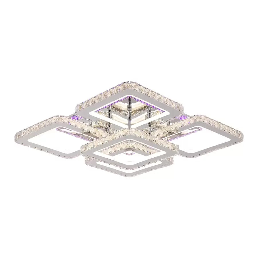 LED chandelier with crystal remote control QUADRIA SUPREMO RGB, 148W, 5 Squares, Cold/Warm/Neutral light, Dimmable, Shiny Chrome