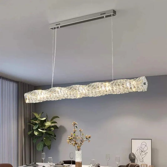 Suspended LED chandelier with remote control and crystal SEHRAZAT 38W, Linear, Cold/Warm/Neutral light, Dimmable, Shiny Chrome, Adjustable height