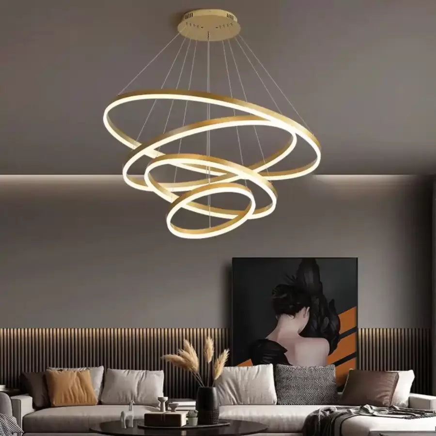 Suspended LED chandelier with remote control AZARIAH 112W, 4 Circles, Cold/Warm/Neutral light, Dimmable, Shiny Gold, Adjustable Height