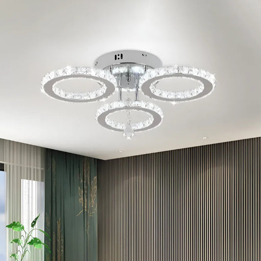 LED chandelier with remote control and crystal ALANUBIS 37W, 3 Circles, Cold/Warm/Neutral light, Dimmable, Shiny Chrome