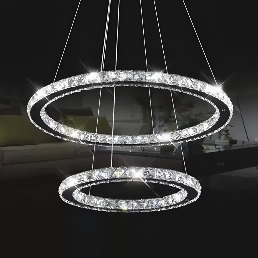 LED chandelier with remote control and crystal PRISM LUMINIS 58W, 2 Circles, Cold/Warm/Neutral light, Dimmable, Silver, Height Adjustable