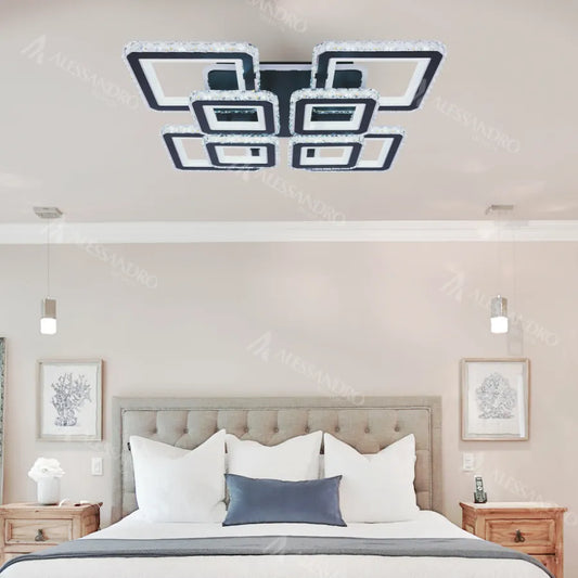 LED chandelier with remote control and crystal LEILA RGB 237W, 8 Squares, Cold/Warm/Neutral light, Dimmable, Glossy Black Chrome