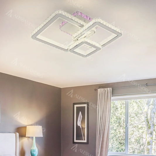 LED chandelier with remote control and crystal BLAKELY RGB 166W, 3 Squares, Cold/Warm/Neutral light, Dimmable, White