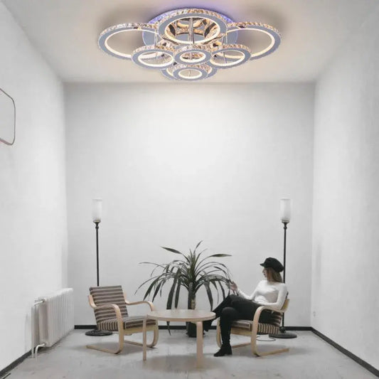 LED chandelier with remote control and crystal LIA RGB 182W, 8 Circles, Cold/Warm/Neutral light, Dimmable, Shiny Chrome White