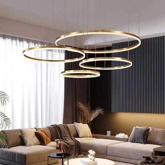 Suspended LED chandelier with remote control ADELAIDA 226W, 4 Circles, Cold/Warm/Neutral light, Dimmable, Shiny Gold, Adjustable Height
