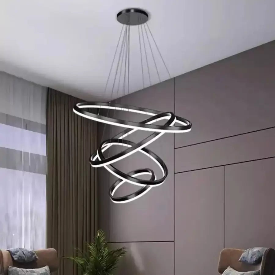 Suspended LED chandelier with remote control AZARIAH 112W, 4 Circles, Cold/Warm/Neutral light, Dimmable, Black, Height Adjustable