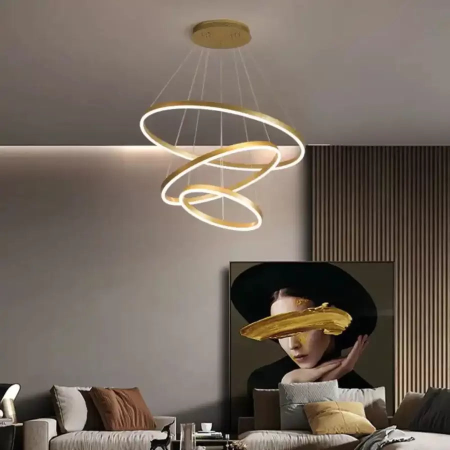 Suspended LED chandelier with remote control ELIZABETH, 84W, 3 Circles, Cold/Warm/Neutral light, Dimmable, Shiny Gold, Adjustable Height