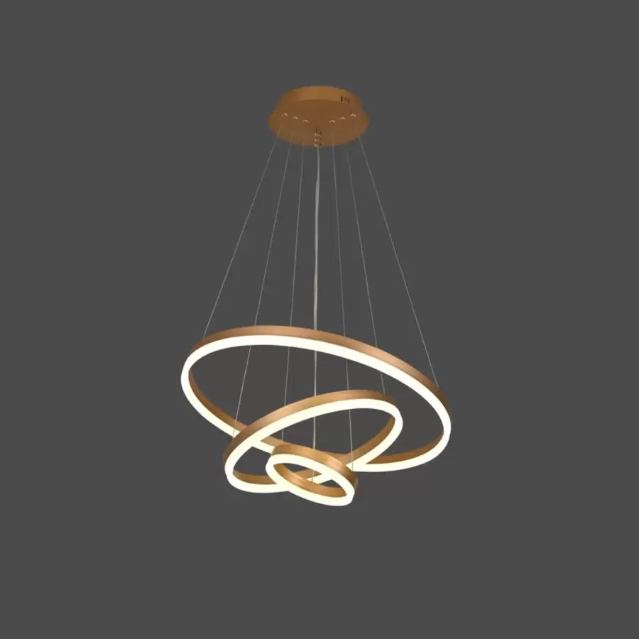Suspended LED chandelier with remote control ELIZABETH, 84W, 3 Circles, Cold/Warm/Neutral light, Dimmable, Shiny Gold, Adjustable Height