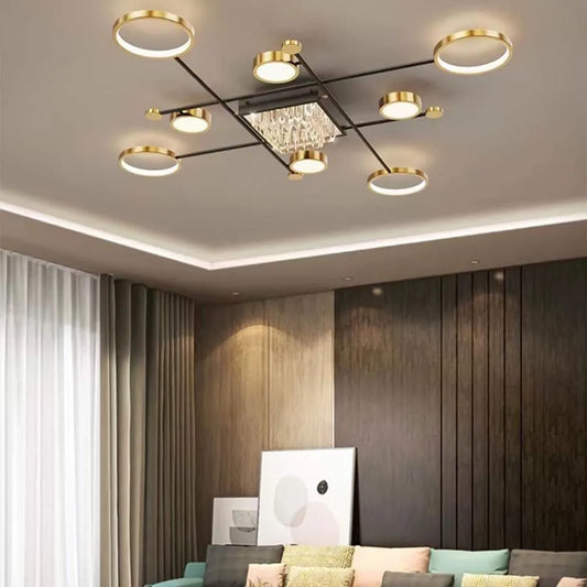LED chandelier with remote control and crystal MISEL 168W, 9 Elements, Cold/Warm/Neutral light, Dimmable, Black Gold