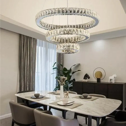 Suspended LED chandelier with remote control and crystal TEATRU 36W, 3 Circles, Cold/Warm/Neutral light, Dimmable, Shiny Chrome, Adjustable Height