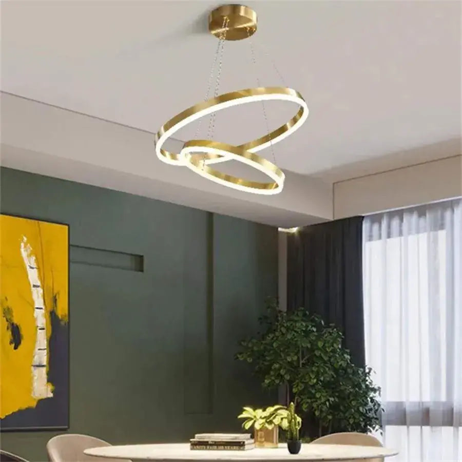 Suspended LED chandelier with remote control AZARIAH 112W, 2 Circles, Cold/Warm/Neutral light, Dimmable, Shiny Gold, Adjustable Height