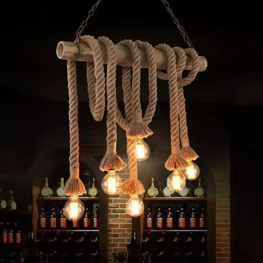Retro Chandelier, 6*E27, Brown, Bamboo and Rope