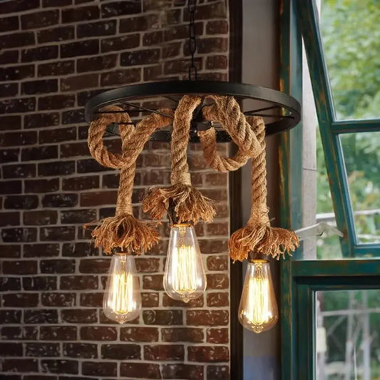 Wheel Chandelier, 3*E27, Brown, Metal and Rope