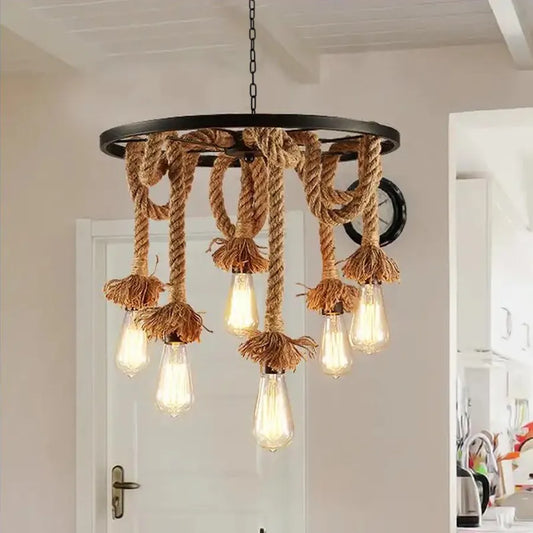 Wheel Chandelier, 6 x E27, Brown, Metal / String