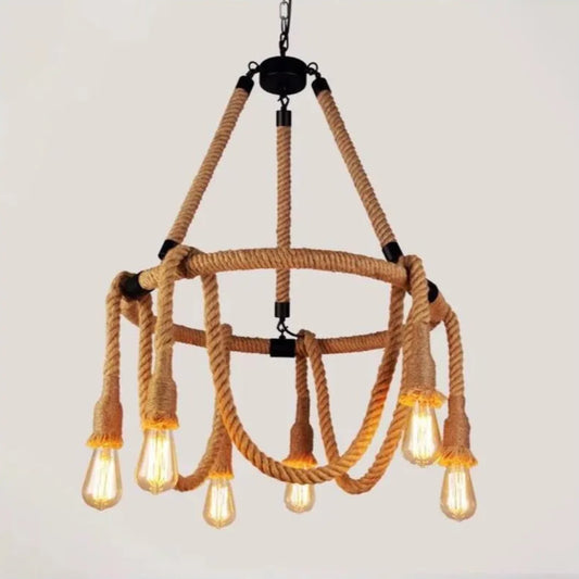 Rustic Cord Chandelier 6x E27 Circular Hanging Rope