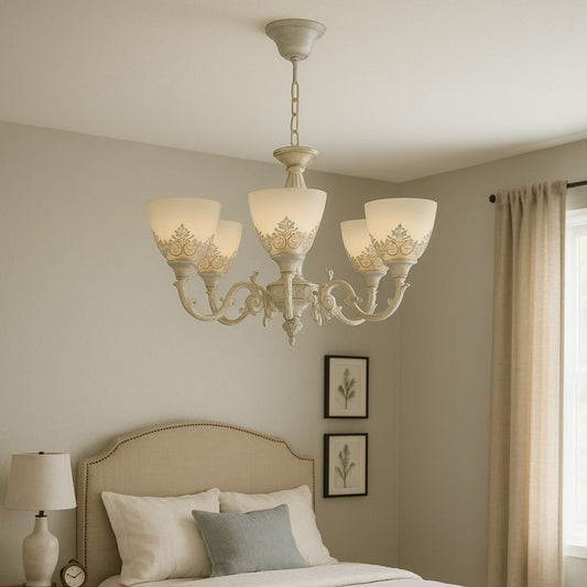 VINTAGE Chandelier, Pendant type, COTTAGE, Circular, 5xE27, Glass and Metal, White